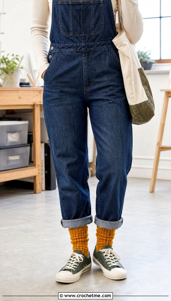 Waffle Stitch Crochet Crew Socks With Overalls - 35 easy crocheted socks outfit ideas