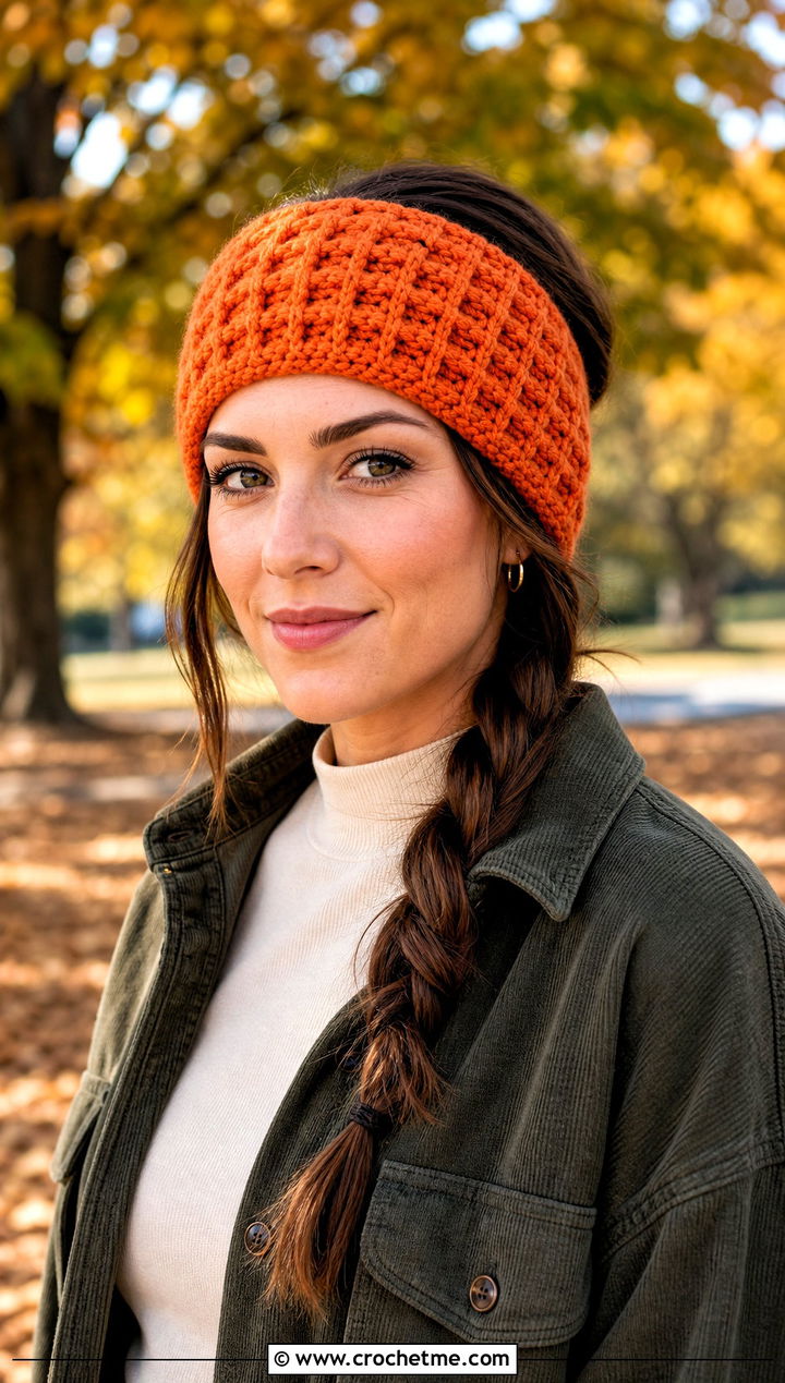 Waffle Stitch Crochet Ear Headband With Shacket And Corduroy Pants - 30 crochet ear headband outfit ideas