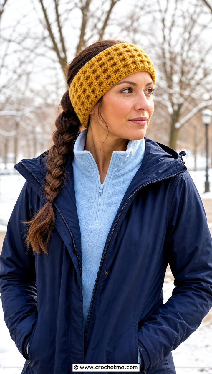 Waffle Stitch Crochet Ear Warmer With Parka and Cargo Jeans - 25 Simple Crochet Ear Warmer outfit ideas