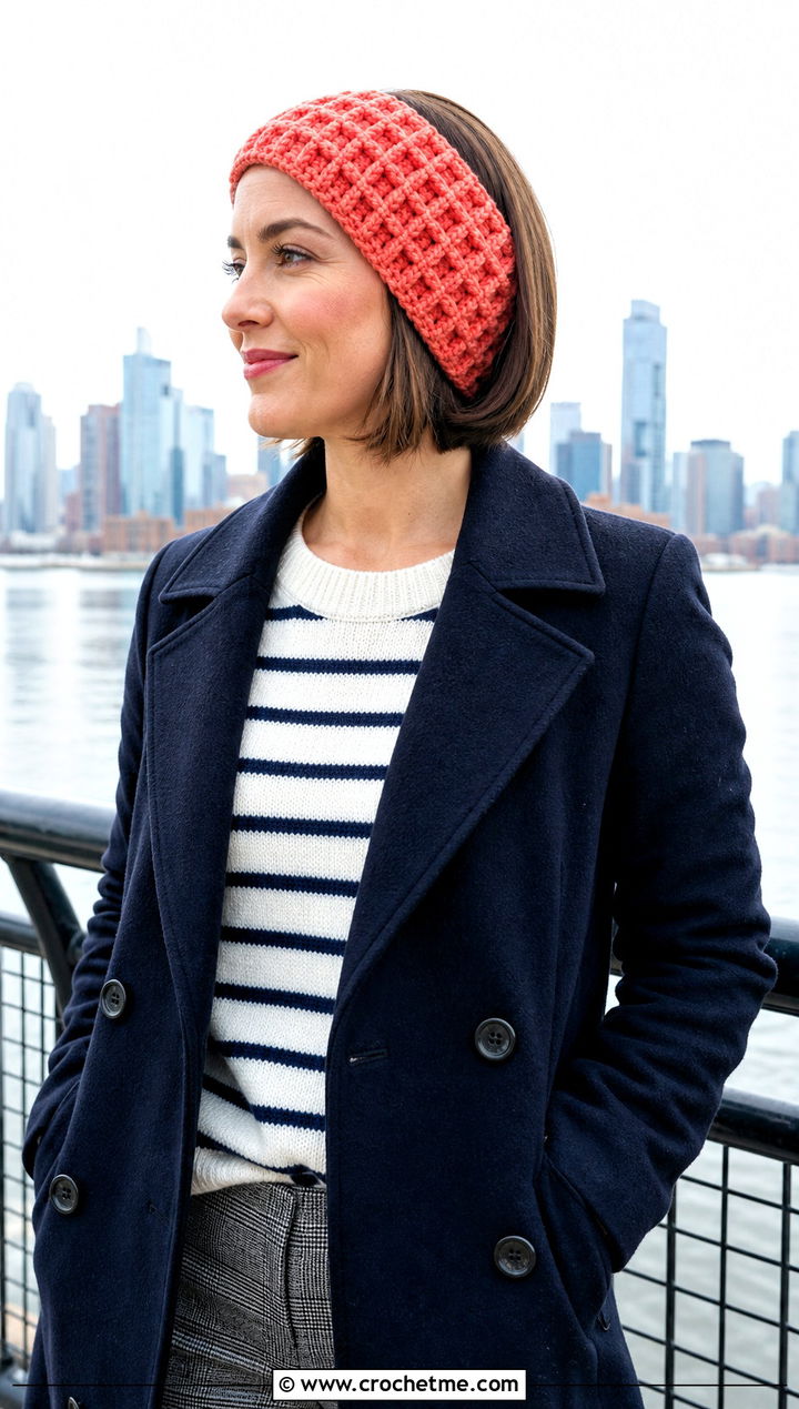 Waffle Stitch Crochet Ear Warmer With Peacoat - 20 Crochet Headband Ear Warmers outfit ideas