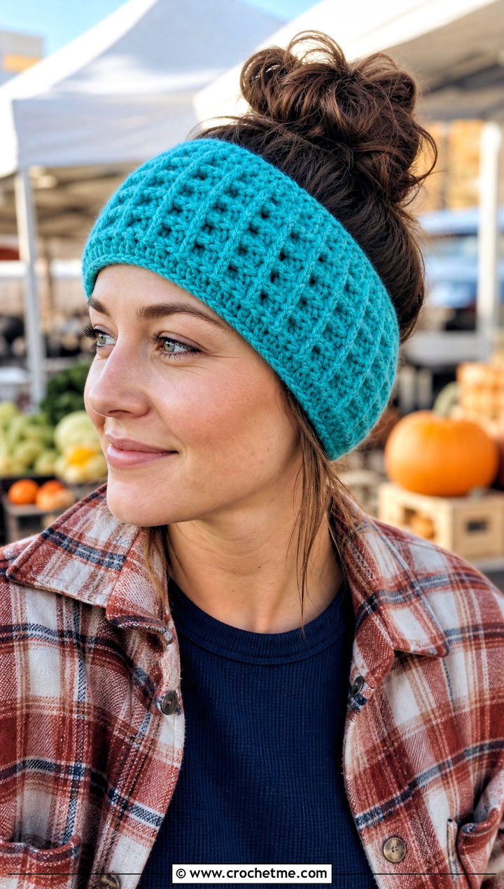 Waffle Stitch Crochet Ear Warmer With Shacket - 25 Quick Crochet Ear Warmer outfit ideas