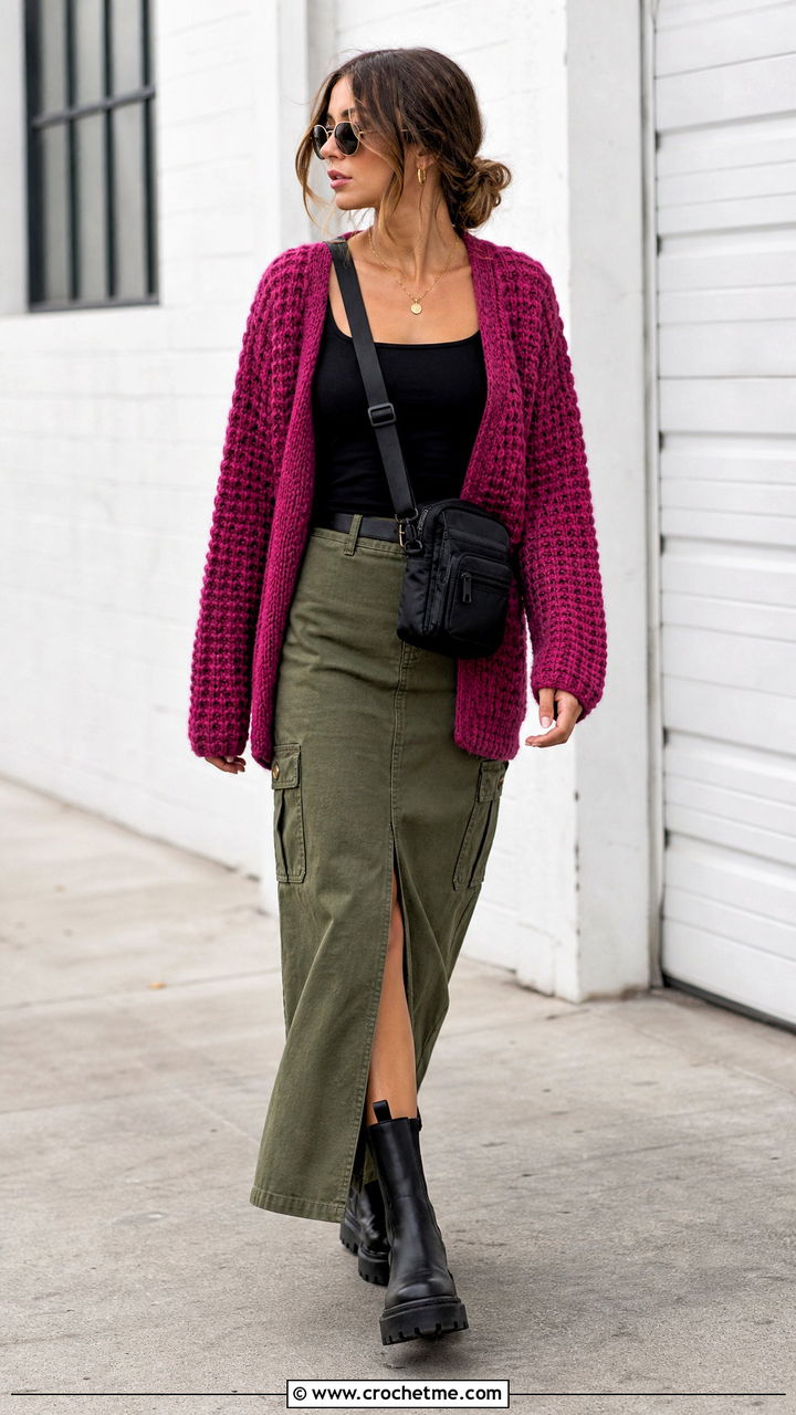 Waffle Stitch Crochet Fall Cardigan With Cargo Maxi Skirt - 35 crochet fall cardigan outfit ideas
