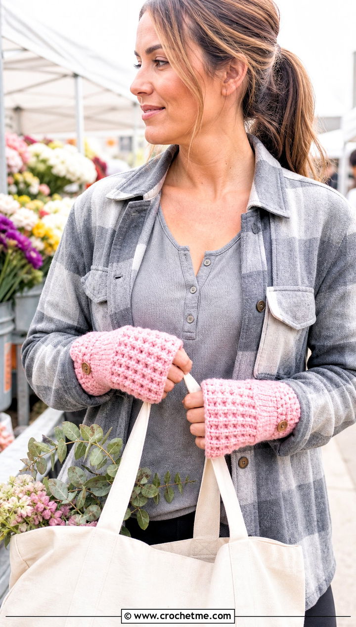 Waffle Stitch Crochet Fingerless Gloves With Flap And Shacket - 30 crochet fingerless gloves with flap outfit ideas