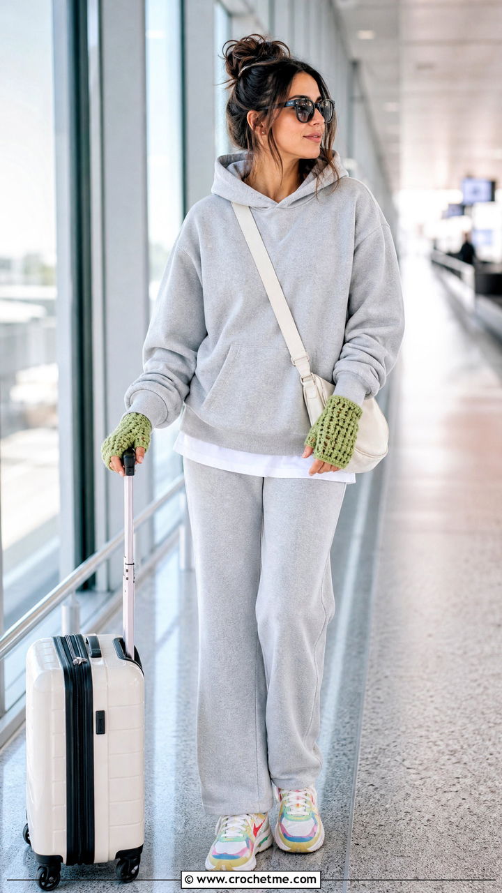 Waffle Stitch Crochet Fingerless Gloves With Hoodie And Joggers - 35 crochet fingerless gloves outfit ideas