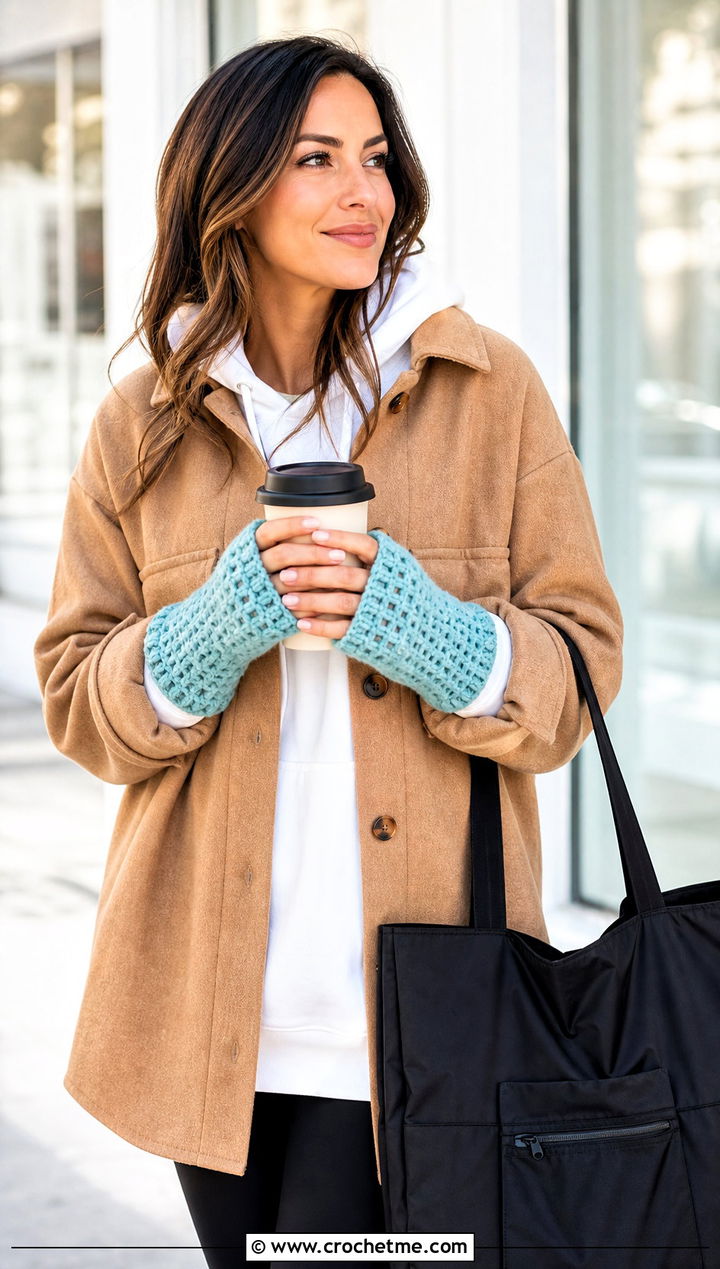 Waffle Stitch Crochet Fingerless Mitts With Shacket - 25 Crochet Fingerless Mitts outfit ideas