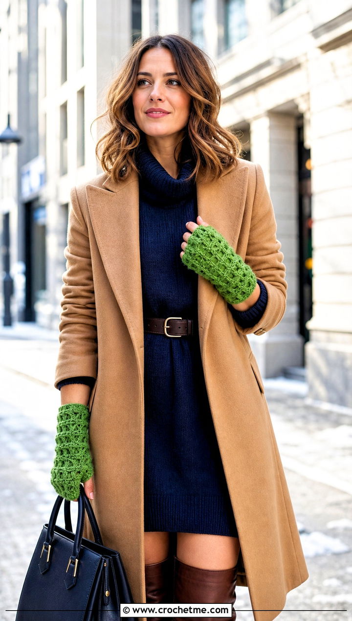 Waffle Stitch Crochet Fingerless Mitts With Sweater Dress - 30 crochet half gloves fingerless mitts outfit ideas