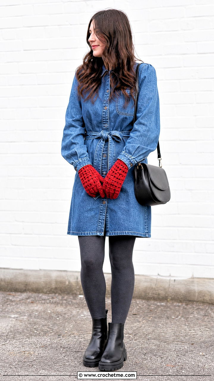 Waffle Stitch Crochet Gloves With Denim Shirtdress - 35 crochet hand gloves outfit ideas