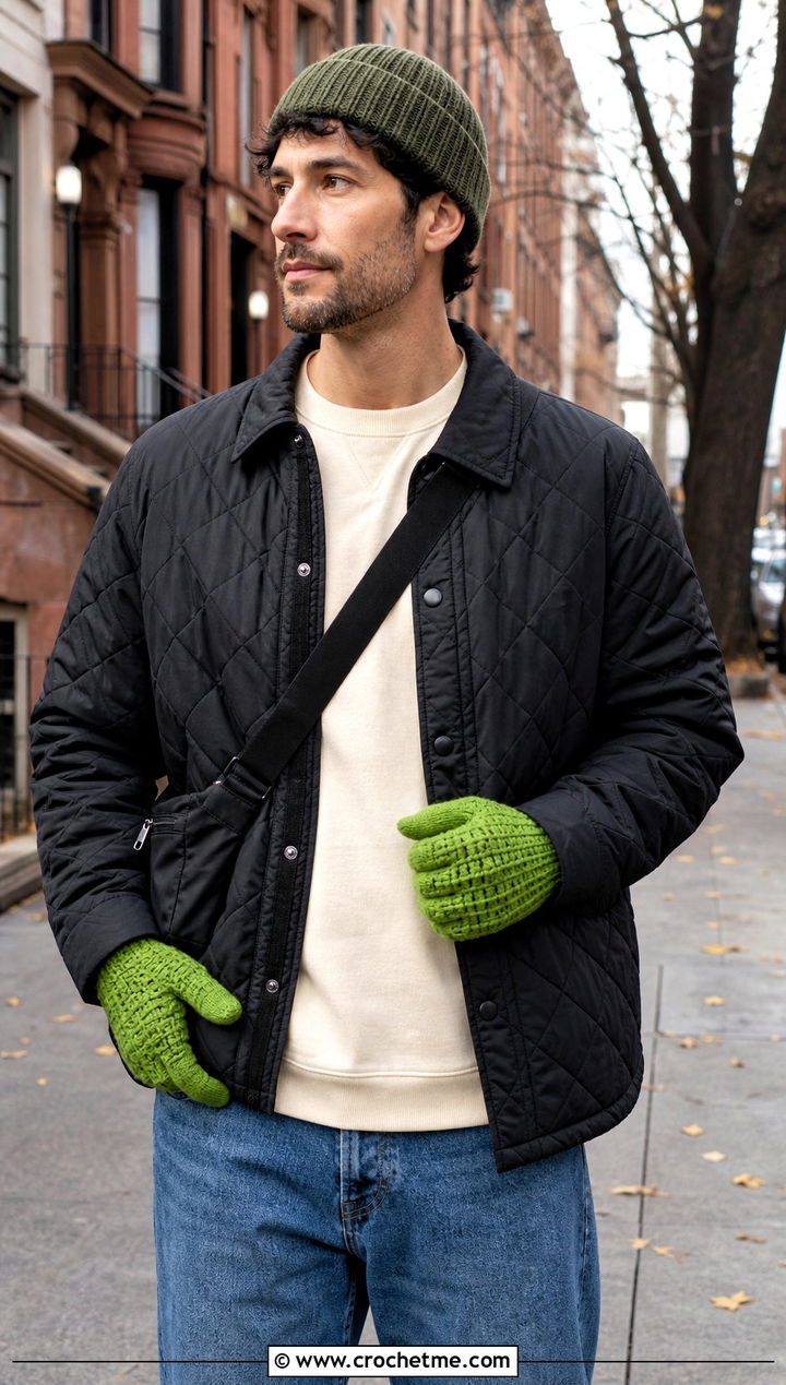 Waffle Stitch Crochet Gloves With Quilted Jacket - 25 Crochet Mens Gloves outfit ideas