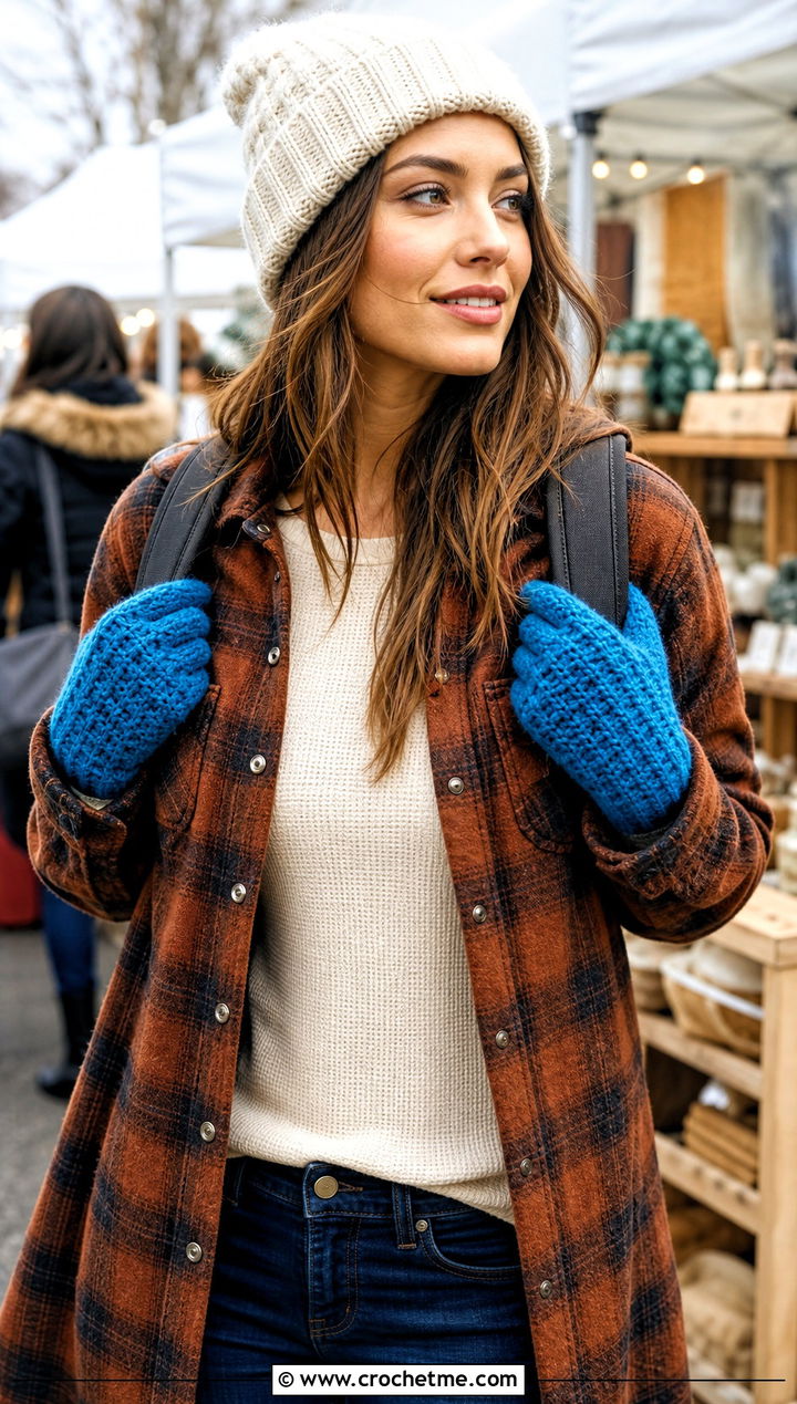 Waffle Stitch Crochet Gloves With Shacket - 35 crochet gloves fingers outfit ideas