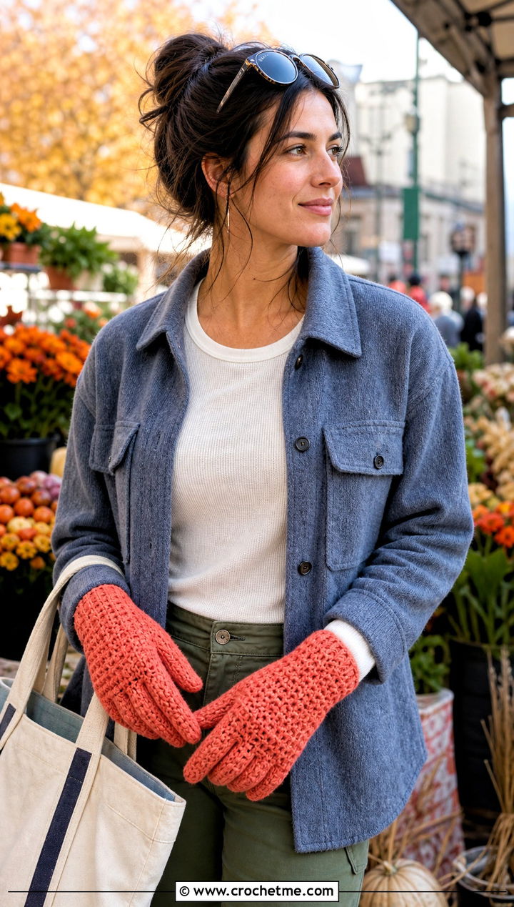 Waffle Stitch Crochet Gloves With Shacket - 30 aesthetic crochet gloves outfit ideas