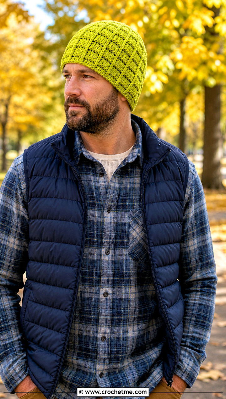 Waffle Stitch Crochet Hat With Puffer Vest - 15 Easy Crochet Mens Hat outfit ideas