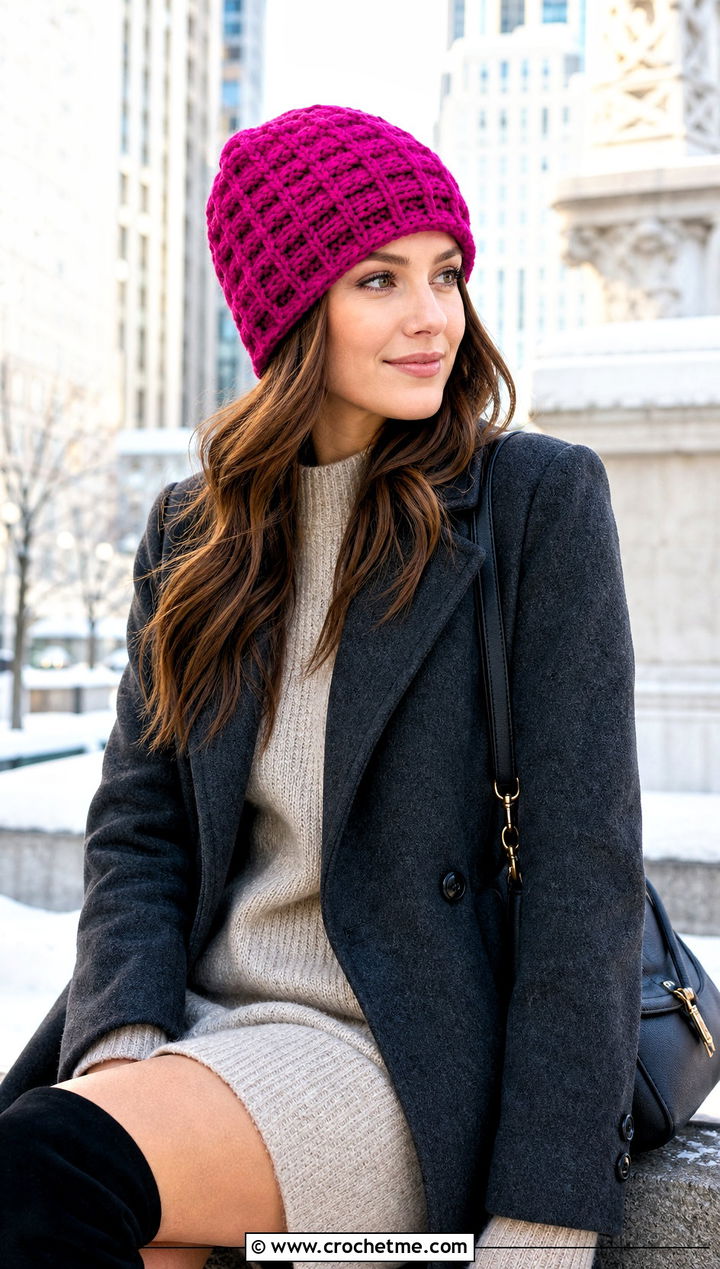 Waffle Stitch Crochet Hat With Sweater Dress - 25 Easy Crochet Hats For Beginners outfit ideas