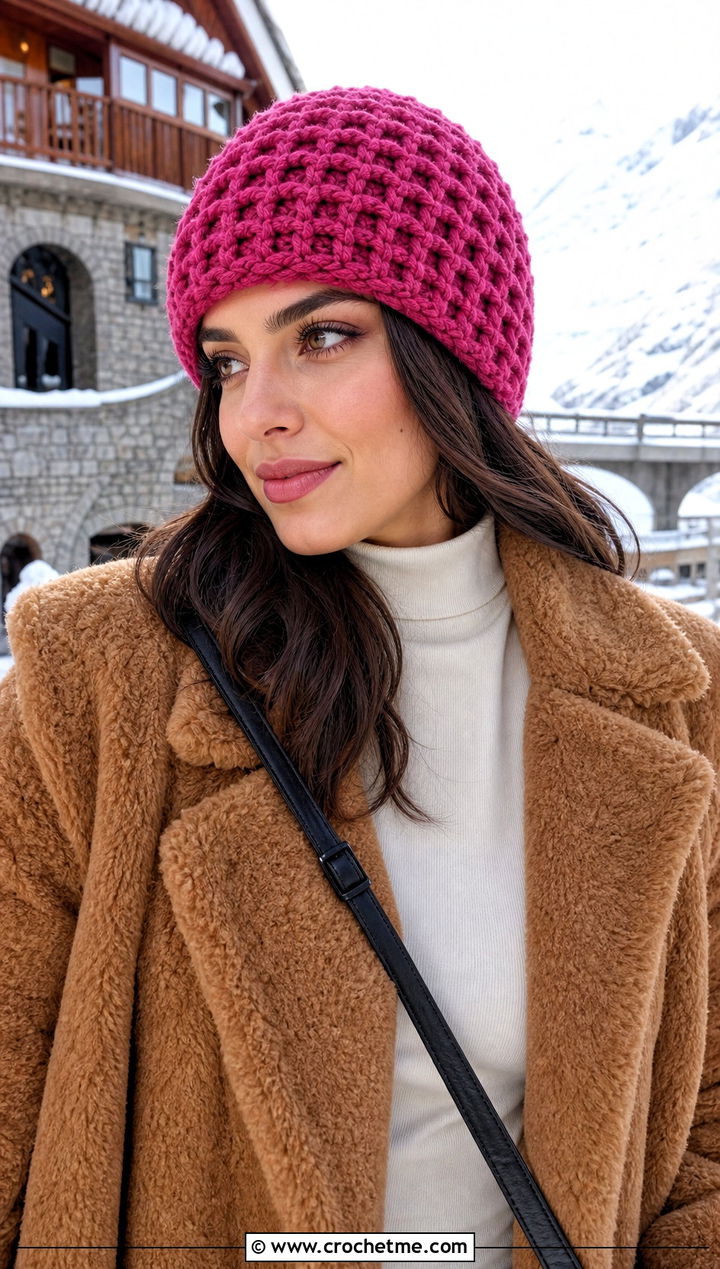 Waffle Stitch Crochet Hat With Teddy Coat - 30 winter crochet hats outfit ideas