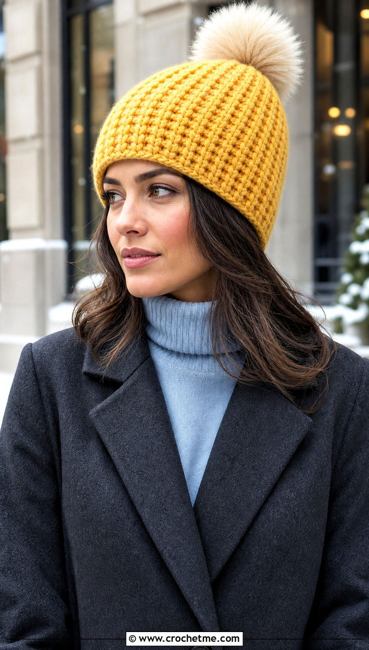 Waffle Stitch Crochet Hat With Wool Coat And Trousers - 15 Crochet Hat With Fur Pom Pom outfit ideas