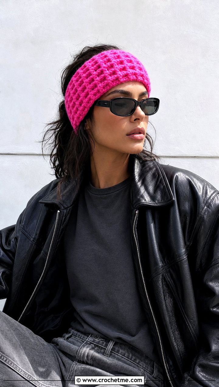 Waffle Stitch Crochet Headband Ear Warmer With Leather Jacket - 20 Crochet Headband Ear Warmer outfit ideas
