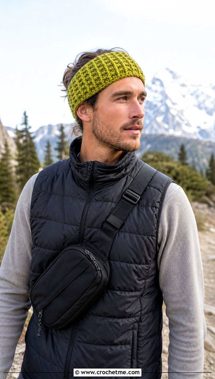 Waffle Stitch Crochet Headband With Puffer Vest - 25 men's crochet headband outfit ideas