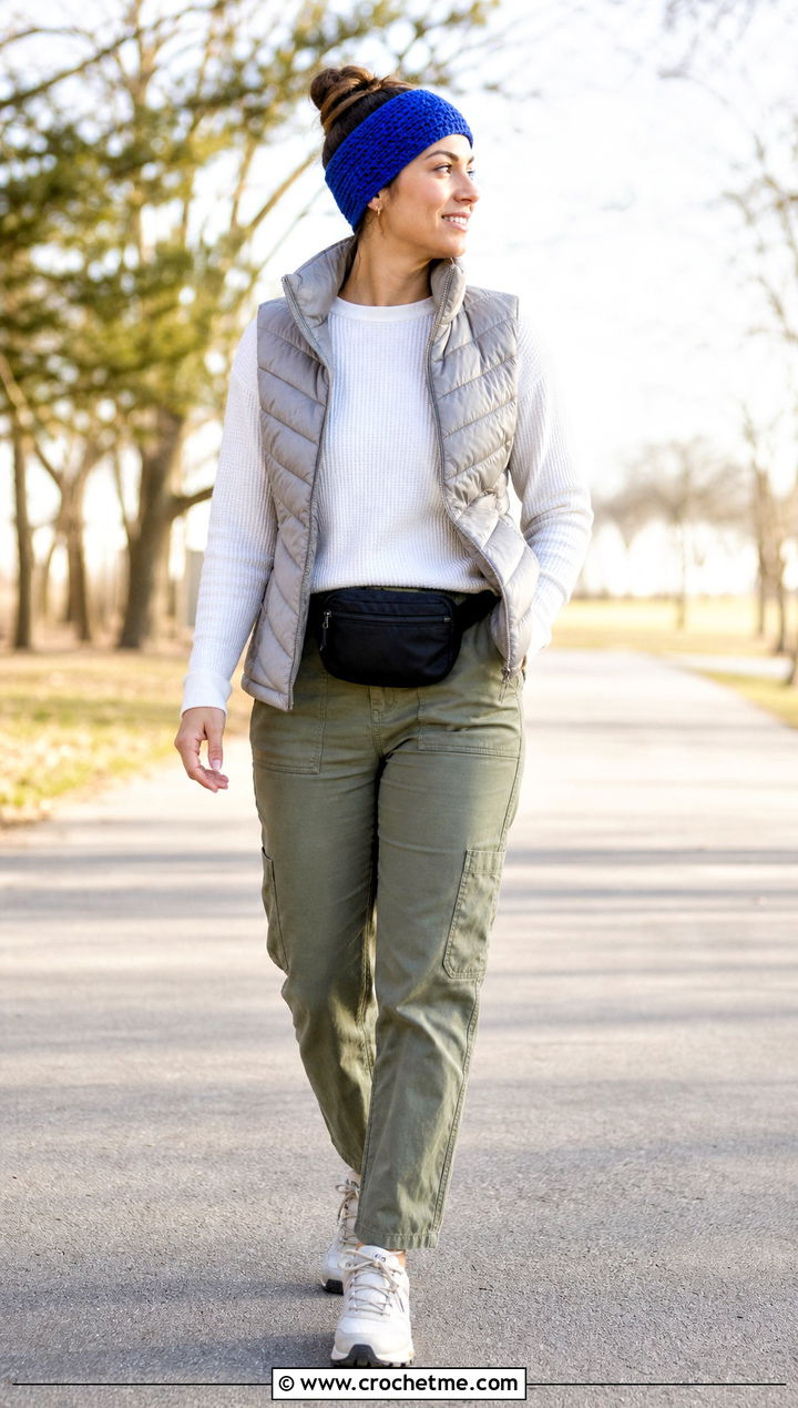 Waffle Stitch Crochet Headband With Puffer Vest - 35 simple crochet headband outfit ideas