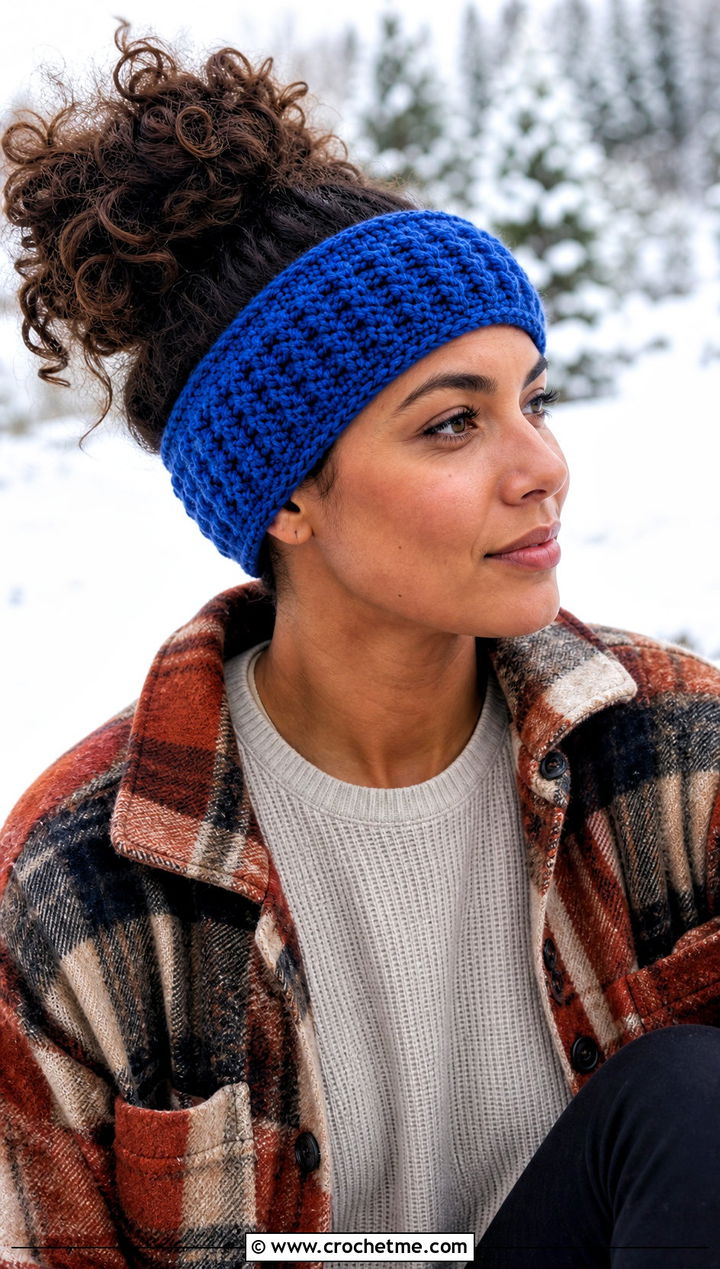 Waffle Stitch Crochet Headband With Shacket - 30 crochet headband curly hair outfit ideas