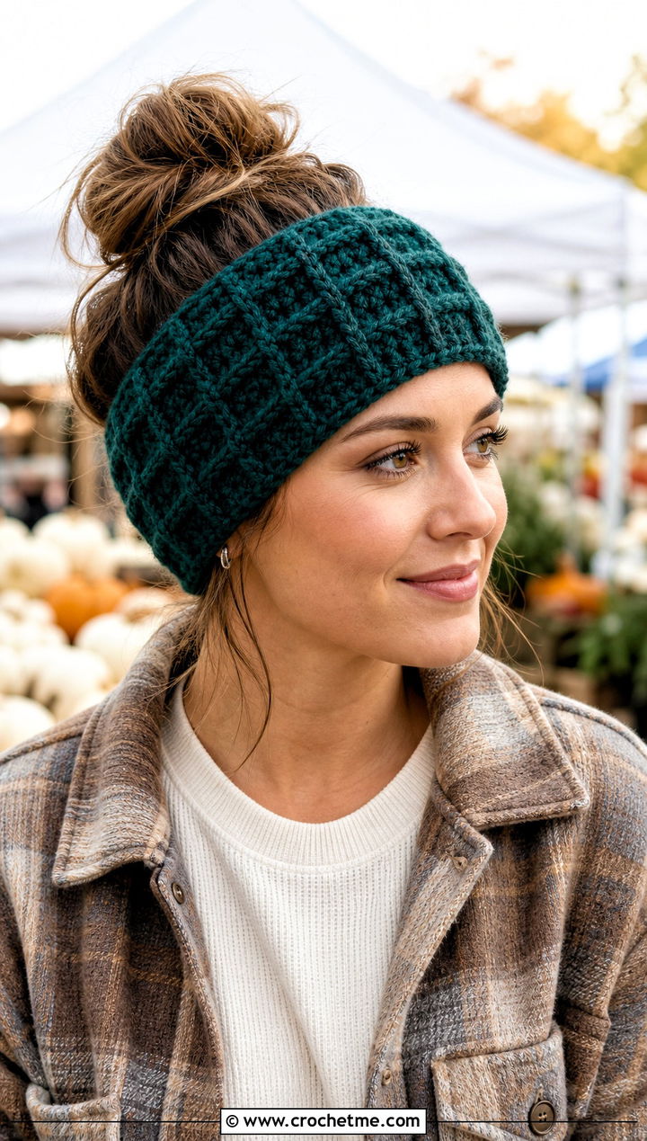 Waffle Stitch Crochet Headband With Shacket - 15 wool ease thick and quick crochet headband outfit ideas