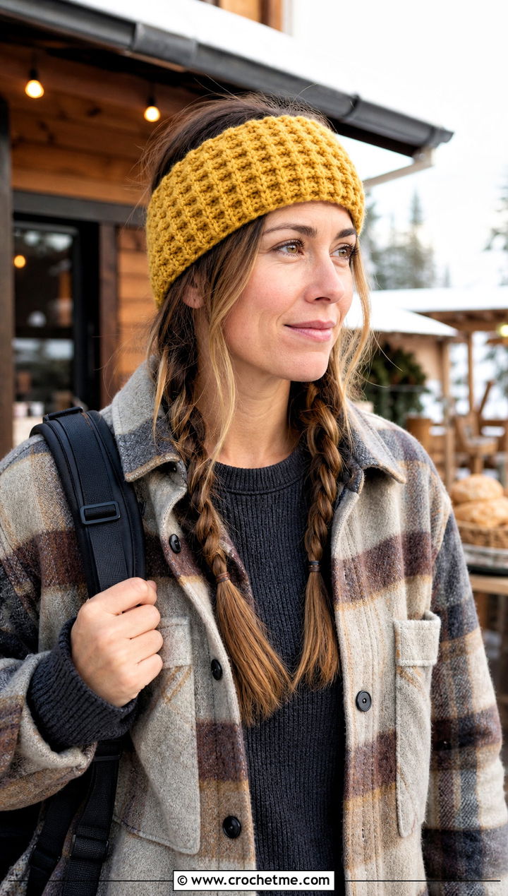 Waffle Stitch Crochet Headband With Shacket Outfit - 25 Easy Crochet Winter Headband outfit ideas