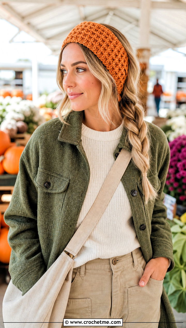 Waffle Stitch Crochet Headband With Shacket - 30 chunky crochet headband outfit ideas