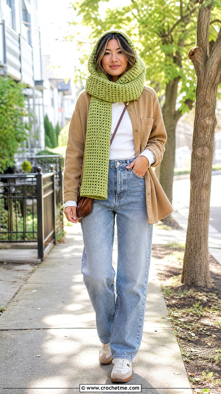 Waffle Stitch Crochet Hood Scarf With Shacket - 35 crochet hood scarf outfit ideas