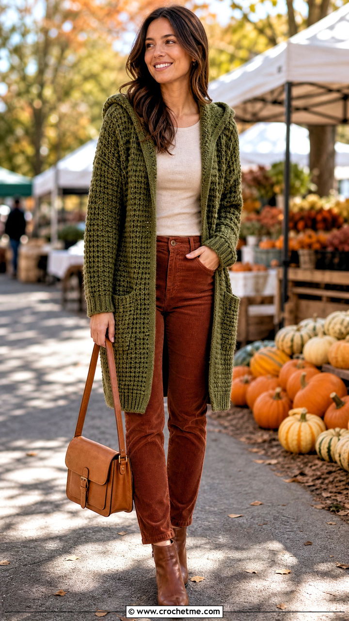 Waffle Stitch Crochet Hooded Cardigan With Corduroy Pants - 35 crochet hooded cardigan outfit ideas
