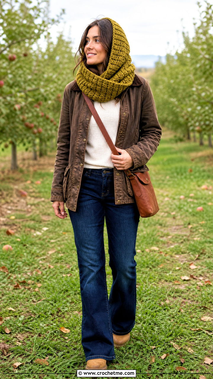 Waffle Stitch Crochet Hooded Cowl With Barn Jacket - 35 crochet hooded cowl outfit ideas