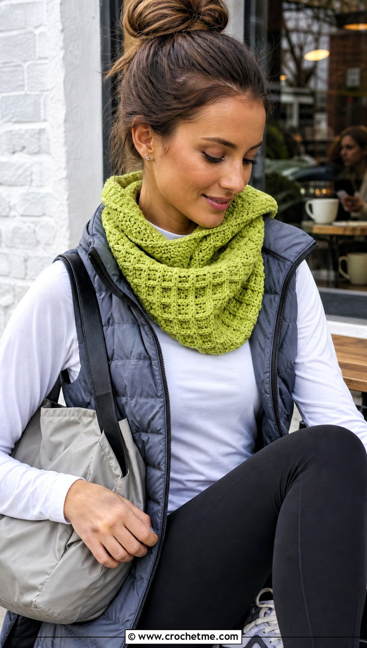 Waffle Stitch Crochet Hooded Cowl With Quilted Vest - 15 crochet infinity scarf with hood outfit ideas