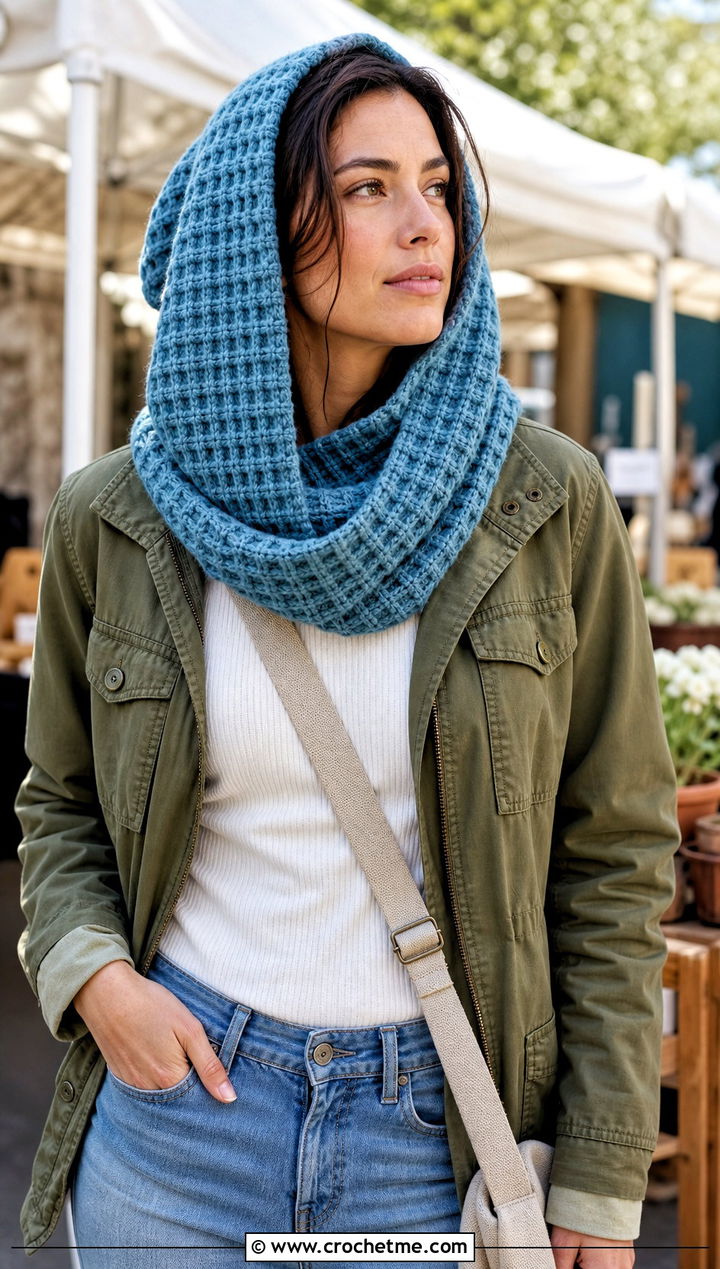 Waffle Stitch Crochet Hooded Cowl With Utility Jacket - 30 easy crochet hooded cowl outfit ideas