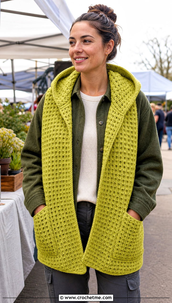 Waffle Stitch Crochet Hooded Pocket Scarf With Shacket - 25 crochet hooded pocket scarf outfit ideas