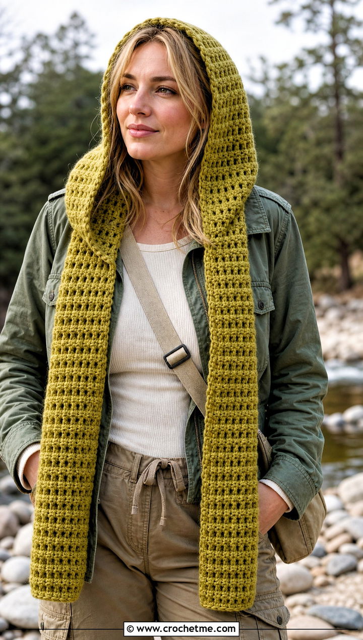 Waffle Stitch Crochet Hooded Scarf With Utility Jacket Outfit - 30 crochet scarf with hood outfit ideas