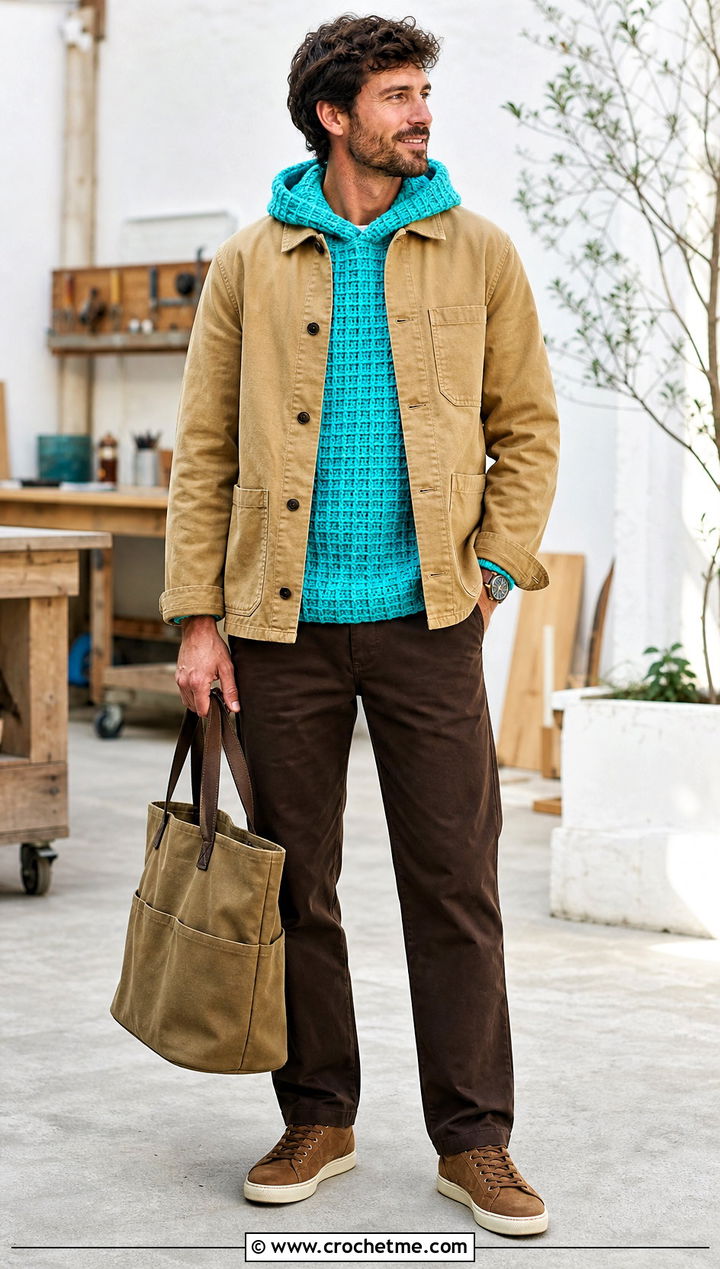 Waffle Stitch Crochet Hoodie With Chore Jacket And Chinos - 25 Crochet Hoodie Men outfit ideas