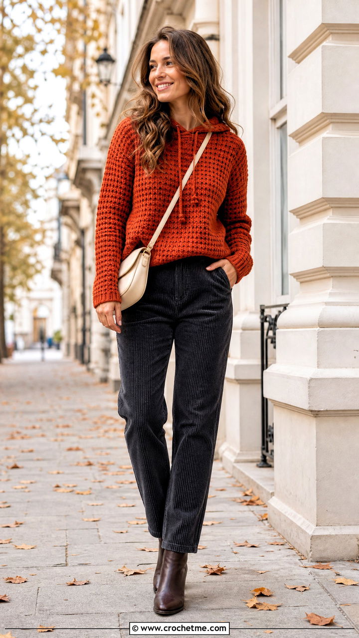 Waffle Stitch Crochet Hoodie With Corduroy Pants - 35 crochet hoodie outfit ideas