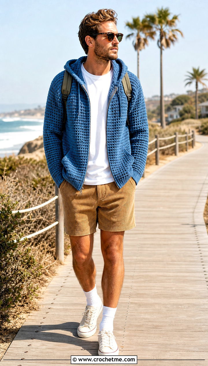 Waffle Stitch Crochet Hoodie With Corduroy Shorts - 30 Crochet Hoodies For Men outfit ideas