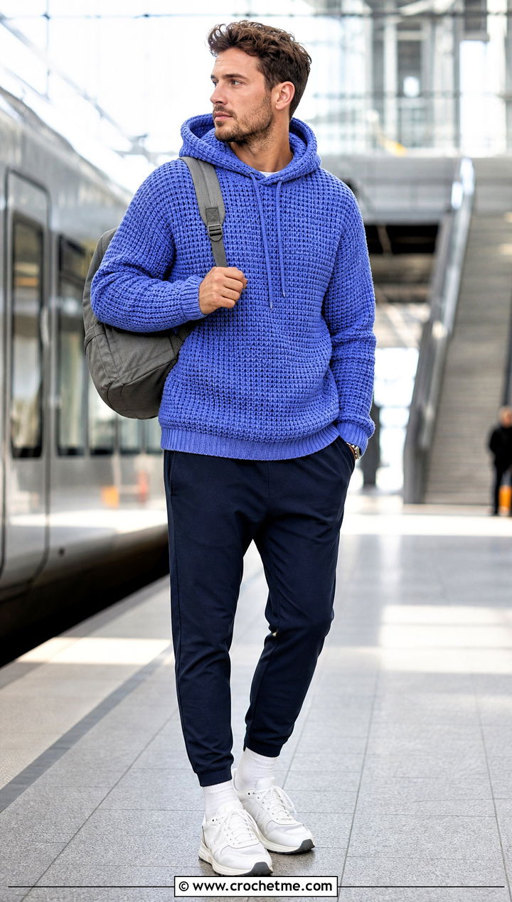 Waffle Stitch Crochet Hoodie With Joggers - 35 crochet hoodie for men outfit ideas