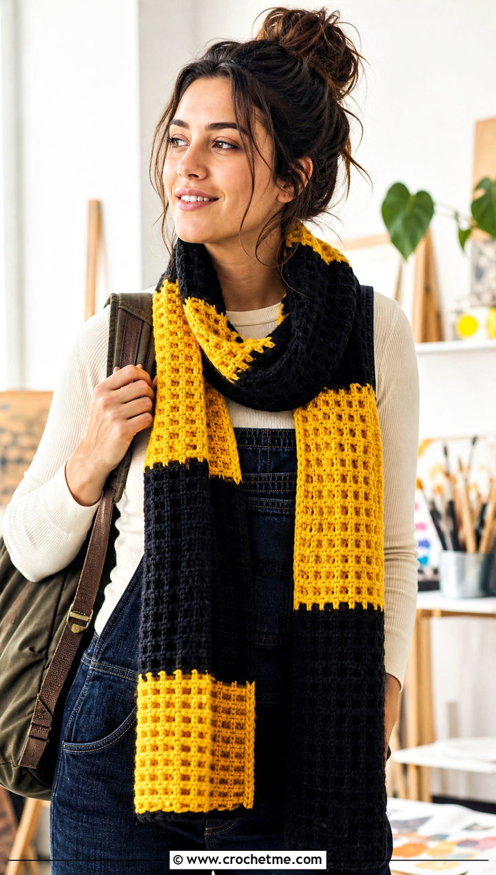 Waffle Stitch Crochet Hufflepuff Scarf With Overalls - 30 crochet hufflepuff scarf outfit ideas