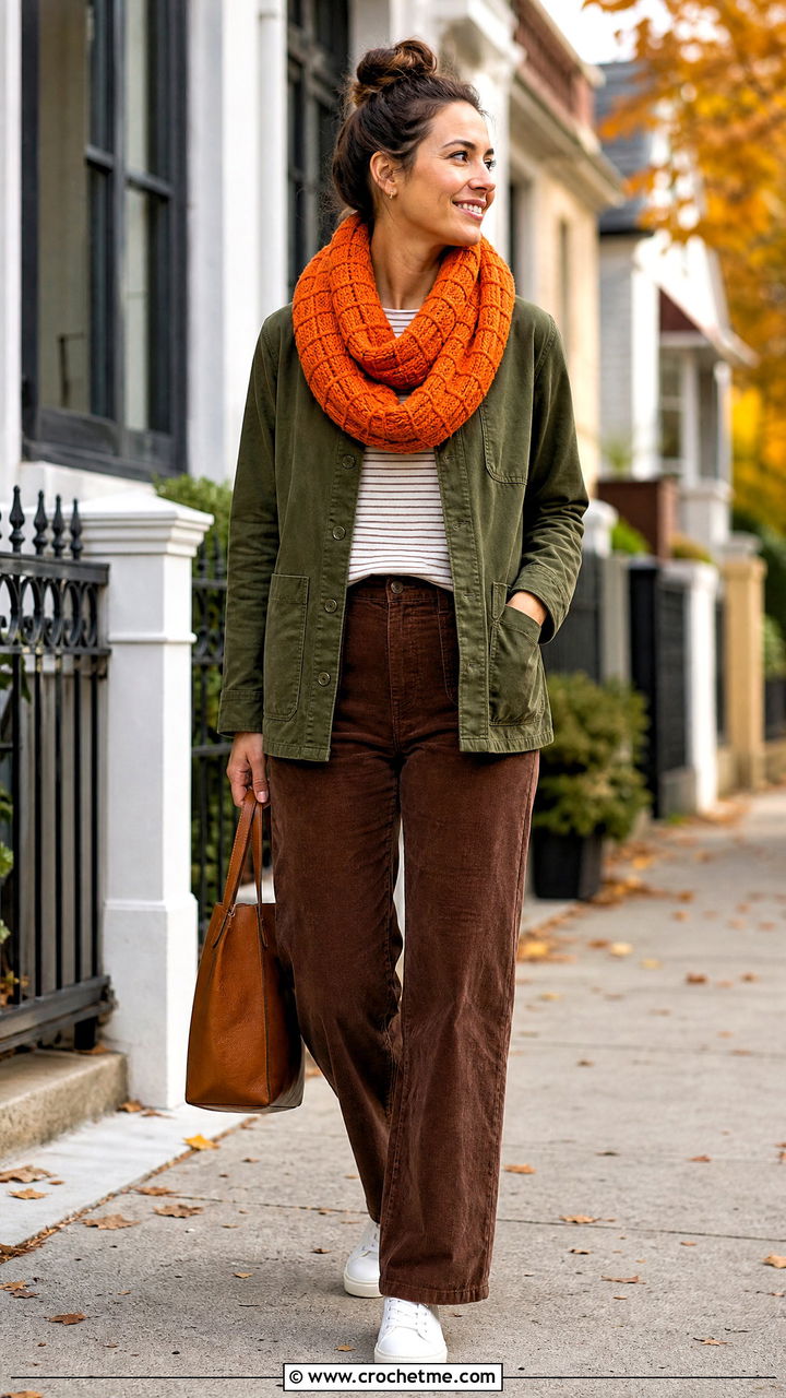 Waffle Stitch Crochet Infinity Scarf With Chore Jacket - 35 crochet infinity scarf outfit ideas
