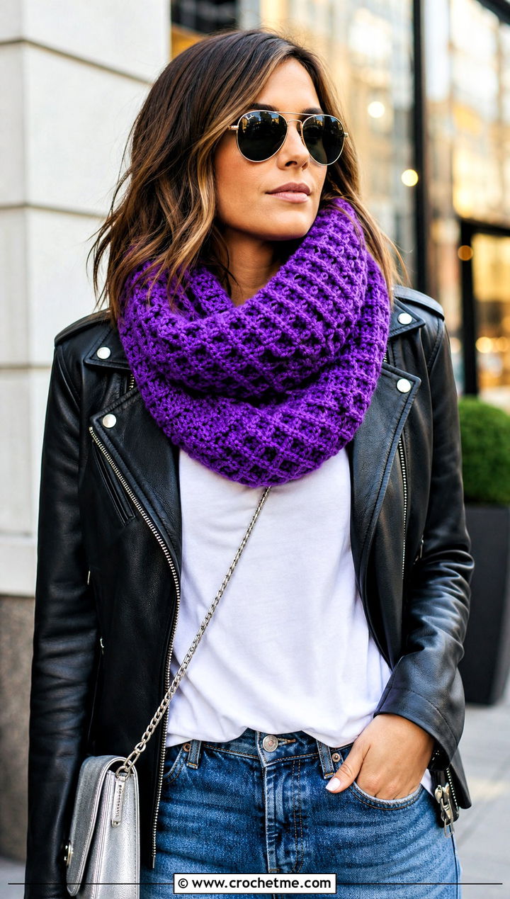Waffle Stitch Crochet Infinity Scarf With Leather Jacket - 25 infinite crochet scarf outfit ideas