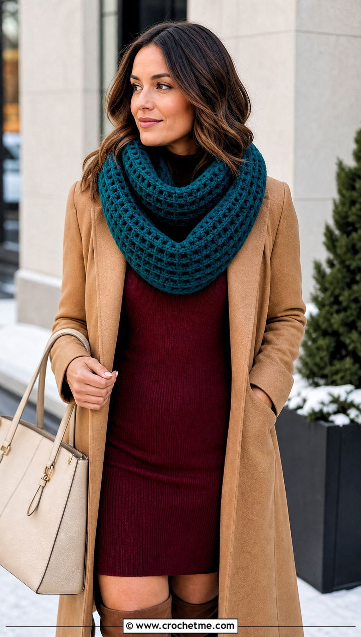 Waffle Stitch Crochet Infinity Scarf With Sweater Dress And Boots - 15 Oversized Crochet Infinity Scarf outfit ideas