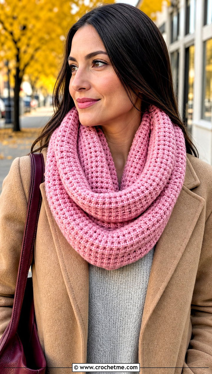 Waffle Stitch Crochet Infinity Scarf With Sweater Dress - 30 crochet infinity scarves outfit ideas