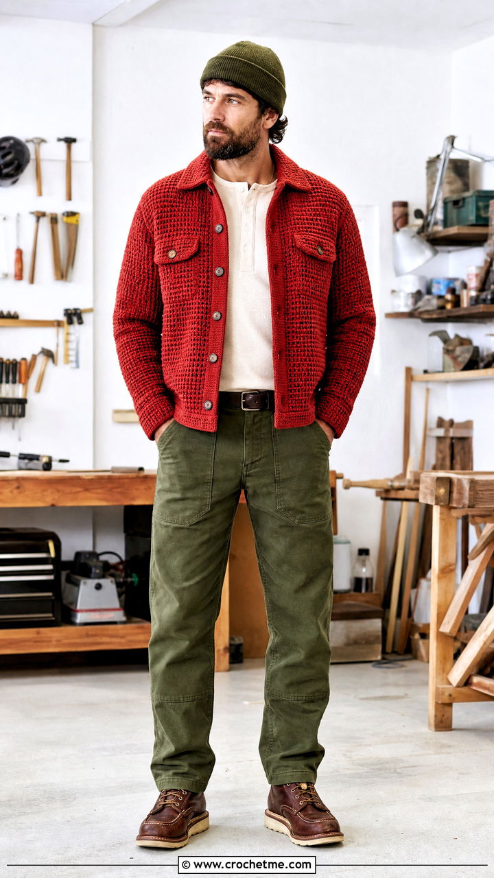 Waffle Stitch Crochet Jacket With Work Pants - 35 crochet jacket for men outfit ideas