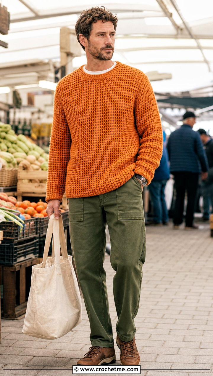 Waffle Stitch Crochet Jumper With Utility Pants - 35 men crochet jumper outfit ideas