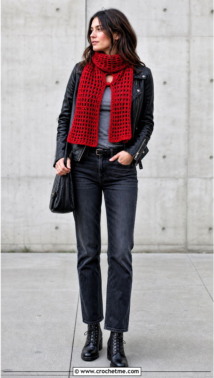 Waffle Stitch Crochet Keyhole Scarf With Leather Jacket - 35 crochet keyhole scarf outfit ideas