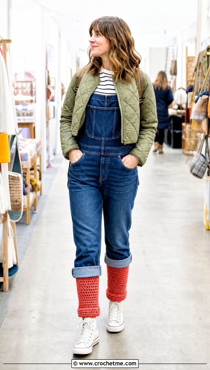 Waffle Stitch Crochet Leg Warmers With Overalls - 35 Easy Crochet Leg Warmers outfit ideas
