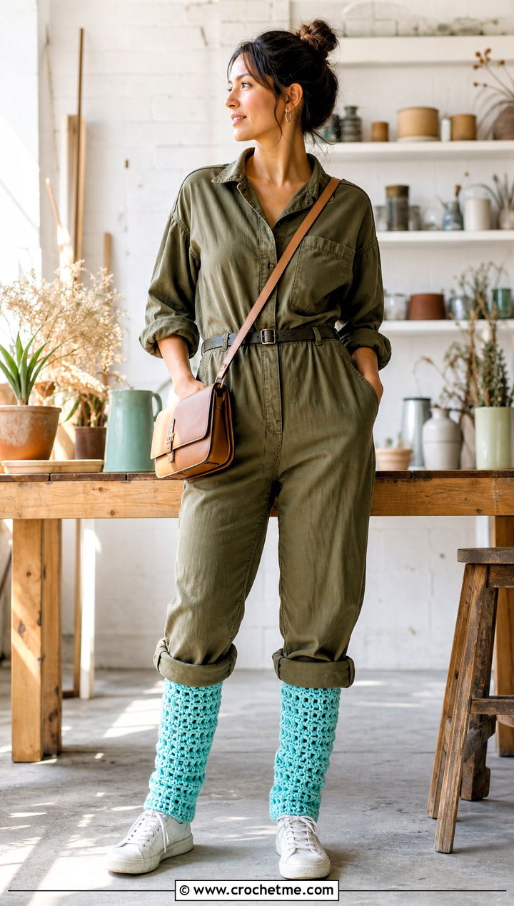 Waffle Stitch Crochet Leg Warmers With Utility Jumpsuit - 30 cute crochet leg warmers outfit ideas