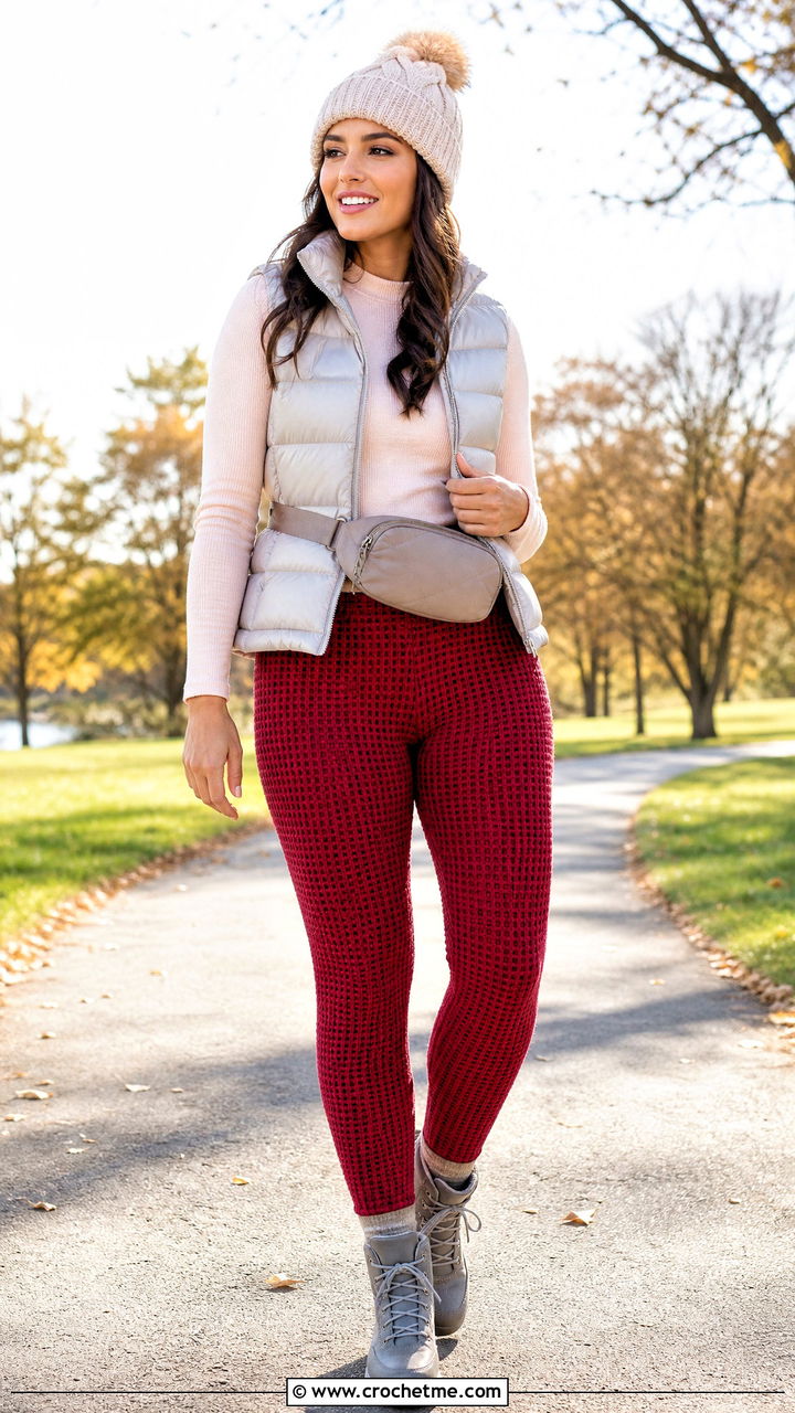 Waffle Stitch Crochet Leggings With Puffer Vest - 35 crochet leggings outfit ideas