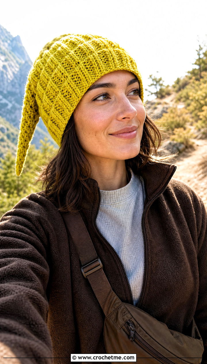 Waffle Stitch Crochet Link Hat With Fleece Jacket - 30 crochet link hat outfit ideas