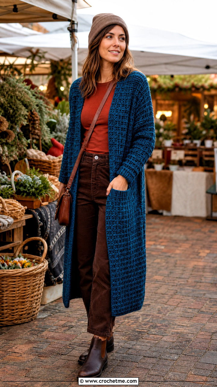 Waffle Stitch Crochet Long Cardigan With Corduroy Pants - 35 crochet long cardigan outfit ideas
