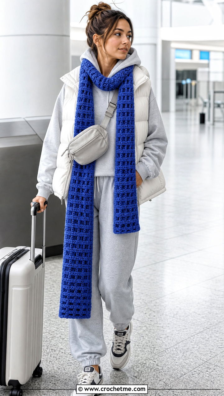 Waffle Stitch Crochet Long Scarf With Hoodie And Joggers - 25 Crochet Long Scarf outfit ideas